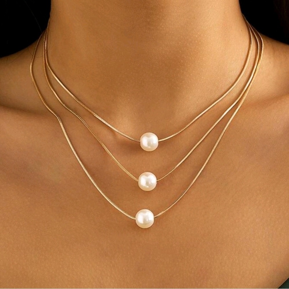Gold statement Pearl Necklace charm triple layered Chain boho dainty 💖